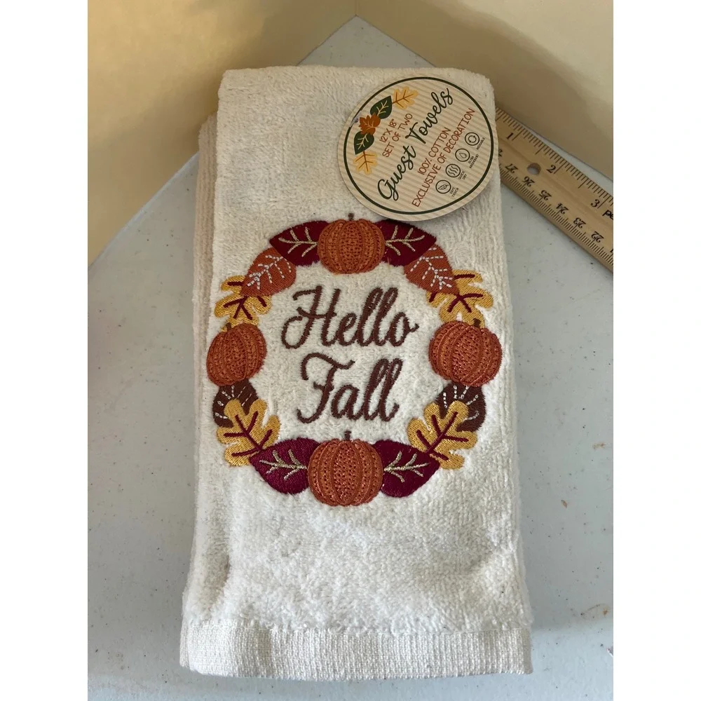 Hello Fall Guest Towels Set of 2 Embroidered Pumpkin Autumn Harvest 12x18 Cotton